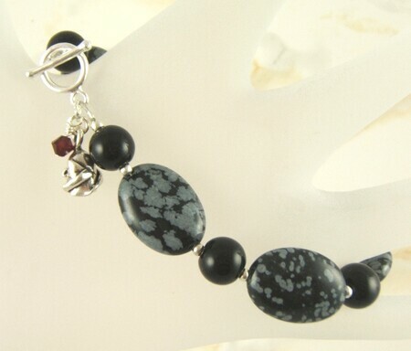 One red rose - black onyx and snowflake obsidian bracelet